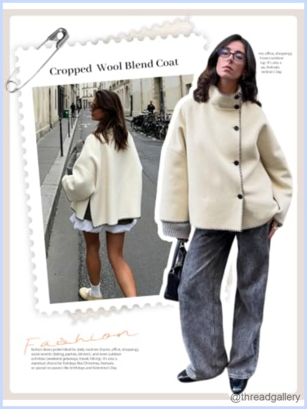 Cropped Wool Blend Pea Coat with Stand Collar & Embroidery - Picture 3 of 6